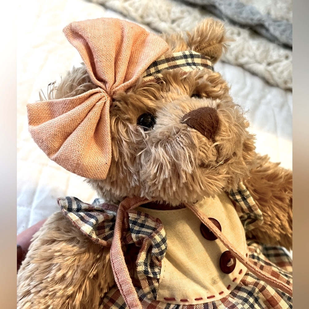 Vintage Delton Products collectible plush bear with pink bow & plaid dress - Picture 6 of 7